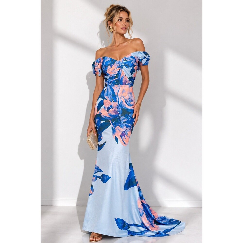Rene Ruiz Light Blue Maxi Dress with Blue and Pink Floral Print